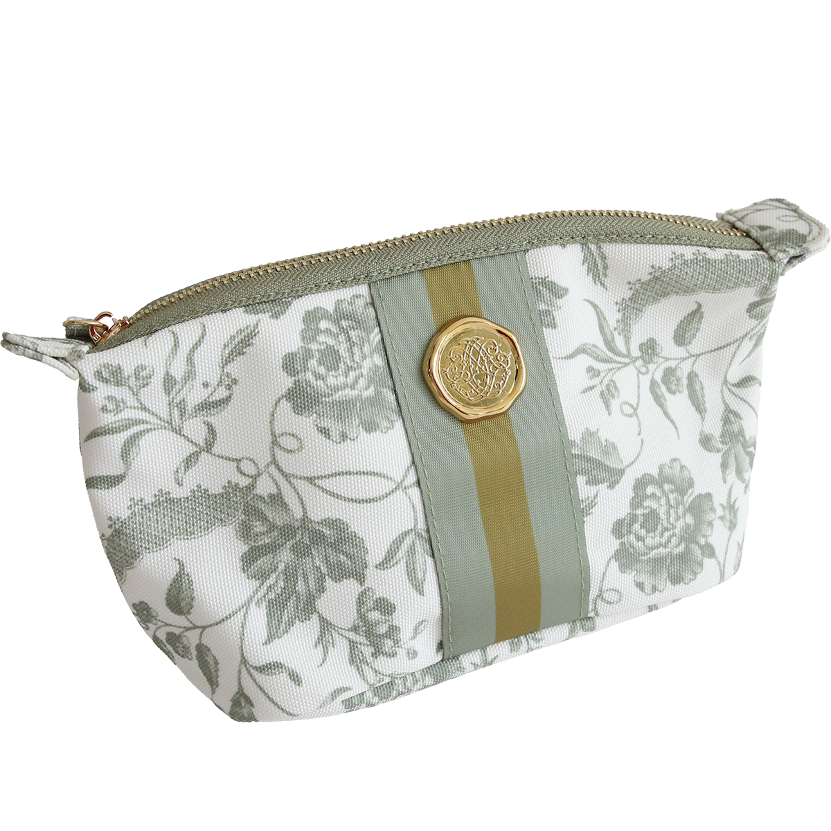 The Green Climbing Rose Small Cosmetic is crafted from durable cotton with a green floral print, gold and green stripe, and round gold emblem—a chic and practical travel bag for your essentials.