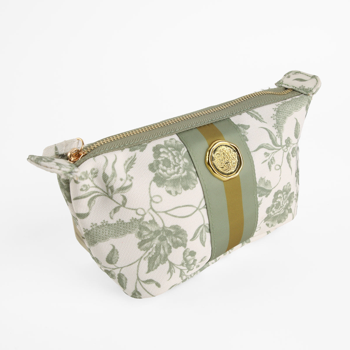 Green Climbing Rose Small Cosmetic Bag featuring a beige and green floral design, gold zipper, decorative green ribbon, and a central gold medallion accent—ideal as a botanical gift or an elegant floral makeup pouch.