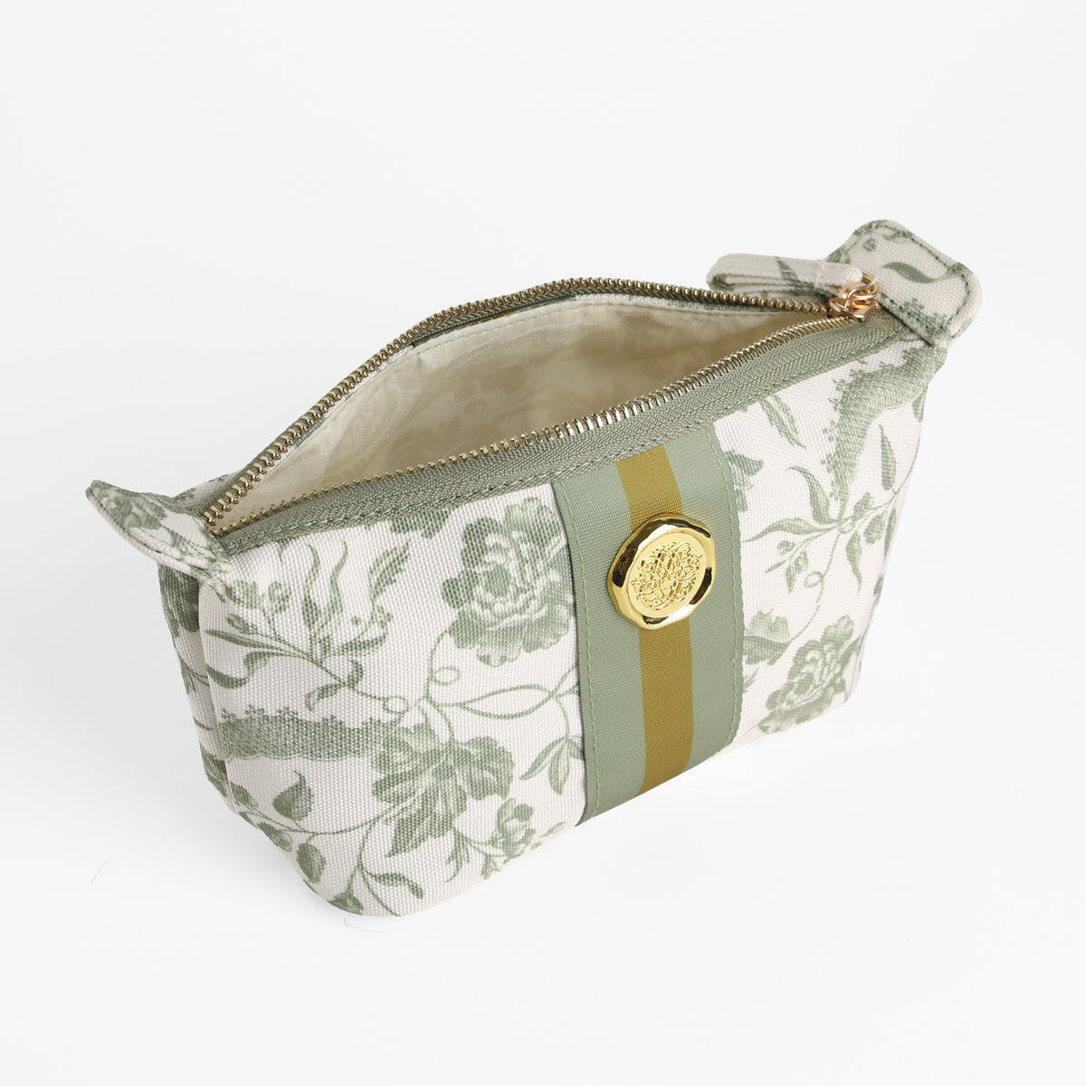 The Green Climbing Rose Small Cosmetic Bag is a zippered fabric makeup bag featuring a green floral pattern, gold button, and olive stripe, shown open and empty against a white background.