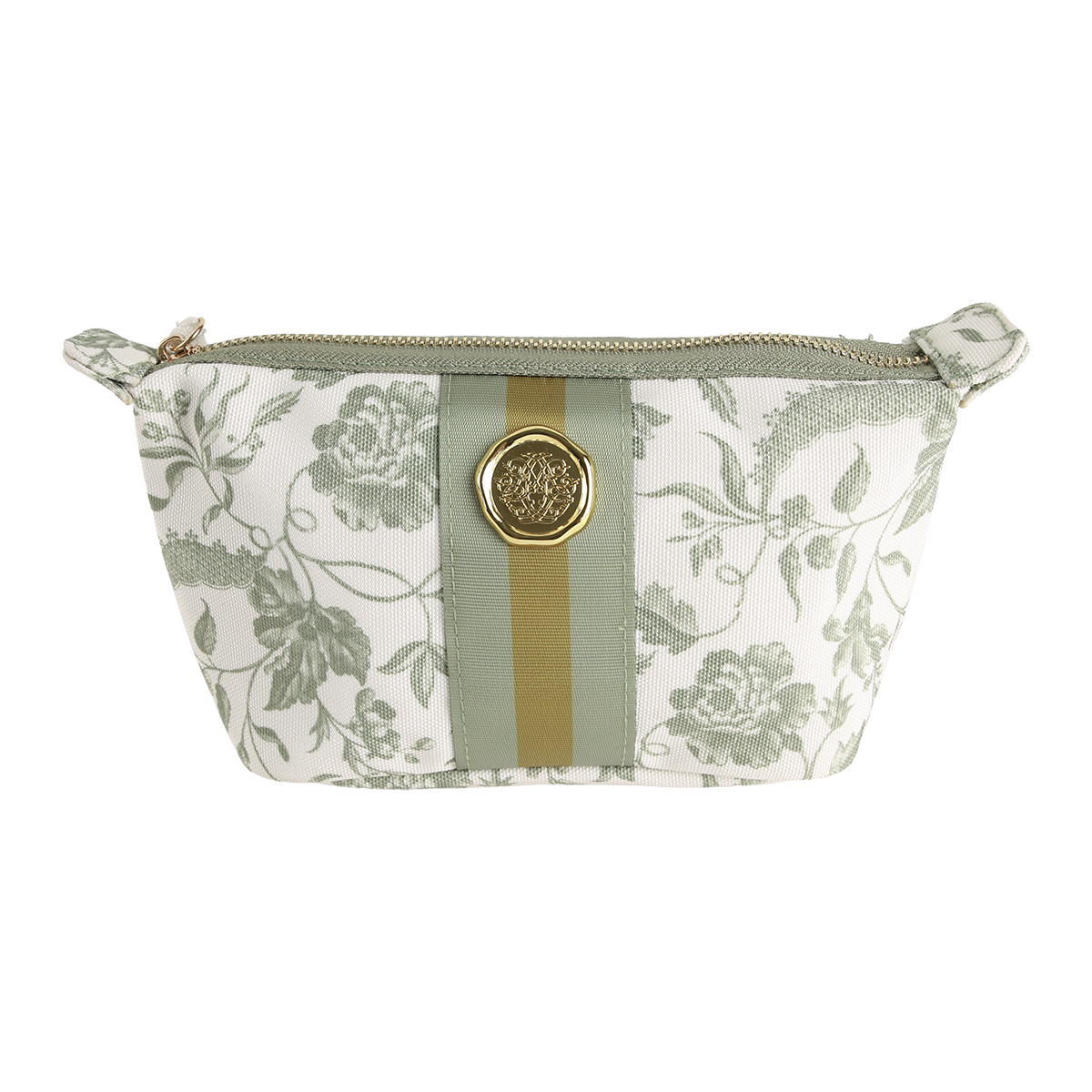 Green Climbing Rose Small Cosmetic Bag featuring a zippered closure, green climbing rose floral print with olive stripes, and a gold button detail on the front, displayed against a white background.