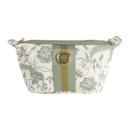 Green Climbing Rose Small Cosmetic Bag featuring a zippered closure, green climbing rose floral print with olive stripes, and a gold button detail on the front, displayed against a white background.