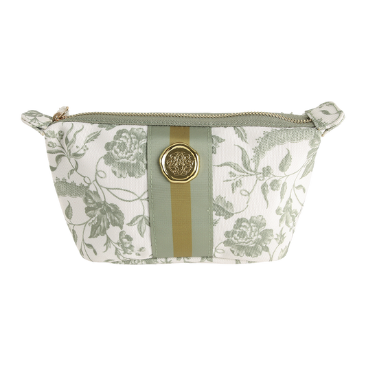 Green Climbing Rose Small Cosmetic Bag featuring a zippered closure, green climbing rose floral print with olive stripes, and a gold button detail on the front, displayed against a white background.
