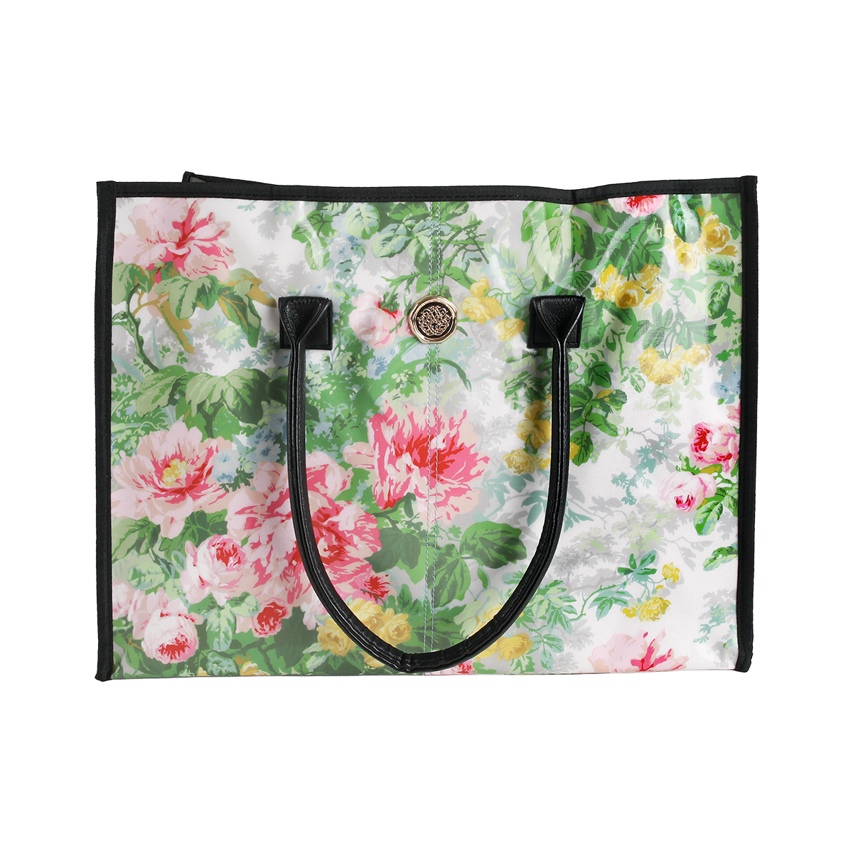 The Virginia Tote Bag is a spacious, laminated cotton tote with black handles and trim, showcasing a vibrant floral pattern on a white background.