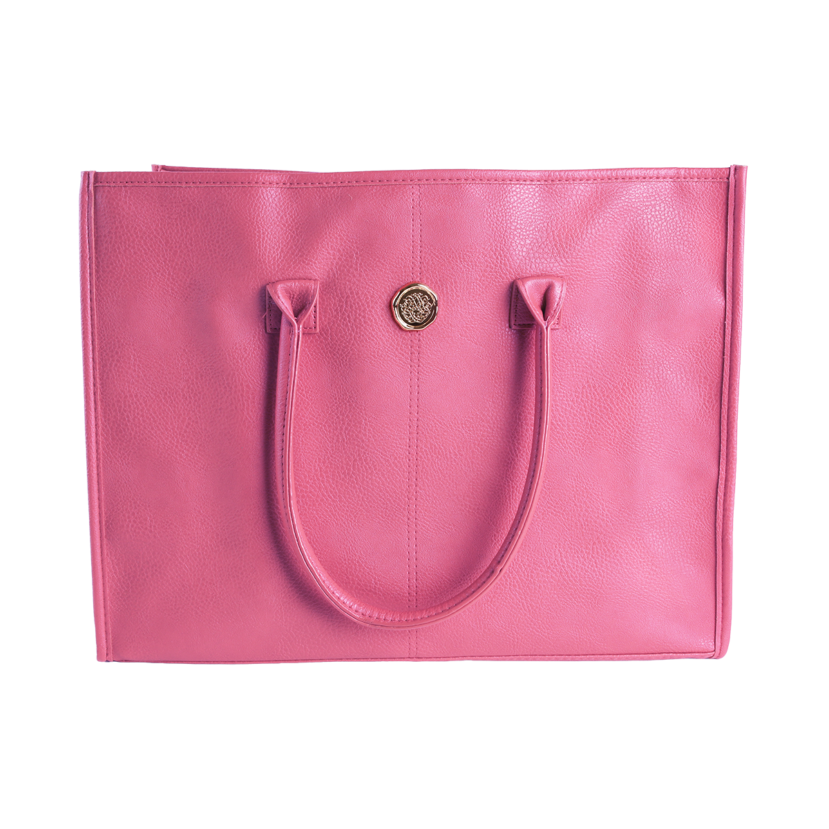 The Raspberry Pink Tote Bag, crafted from bright pink faux leather, features two handles and a small round gold emblem on the front, shown against a plain white background.