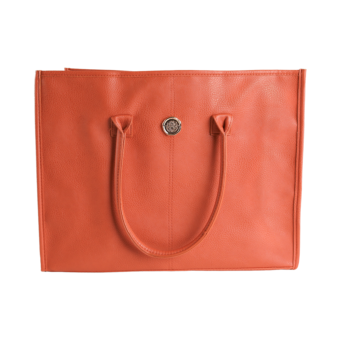 The Tangerine Orange Tote Bag is a rectangular faux leather tote for women, featuring two handles and a round metal emblem on the front. Photographed against a plain white background, this spacious shoulder bag combines style and functionality, making it ideal for everyday use.