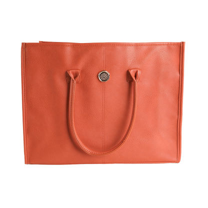 The Tangerine Orange Tote Bag is a rectangular faux leather tote for women, featuring two handles and a round metal emblem on the front. Photographed against a plain white background, this spacious shoulder bag combines style and functionality, making it ideal for everyday use.