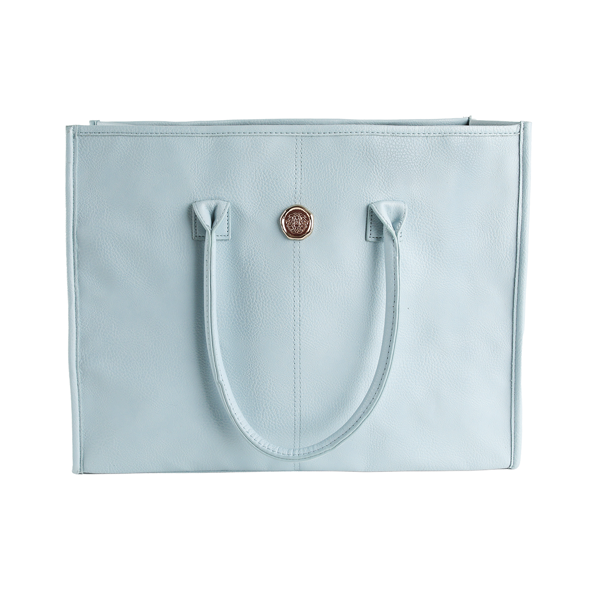 Introducing the Beach Glass Blue Tote Bag, a large shoulder bag crafted from high-quality faux leather for exceptional style and durability. This tote features two sturdy handles, a textured surface, and a striking round gold emblem centered on the upper front panel, all showcased against a clean white background.