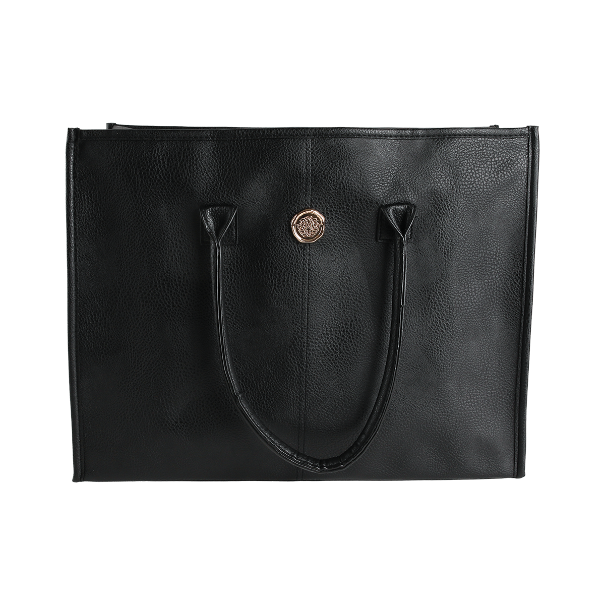 The Onyx Black Tote Bag is a spacious everyday accessory crafted from sleek black faux leather, featuring two sturdy handles and a small round gold emblem on the front. Photographed against a white background, this stylish tote for women is perfect for carrying all your daily essentials.