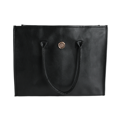The Onyx Black Tote Bag is a spacious everyday accessory crafted from sleek black faux leather, featuring two sturdy handles and a small round gold emblem on the front. Photographed against a white background, this stylish tote for women is perfect for carrying all your daily essentials.