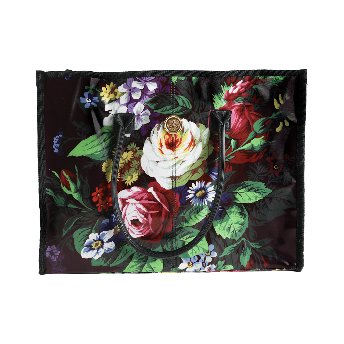 The Astrid Tote Bag is a spacious black laminated cotton tote for women, showcasing a vibrant floral pattern with roses, daisies, and green leaves. Featuring two sturdy black handles, this stylish floral tote bag is perfect for everyday use.