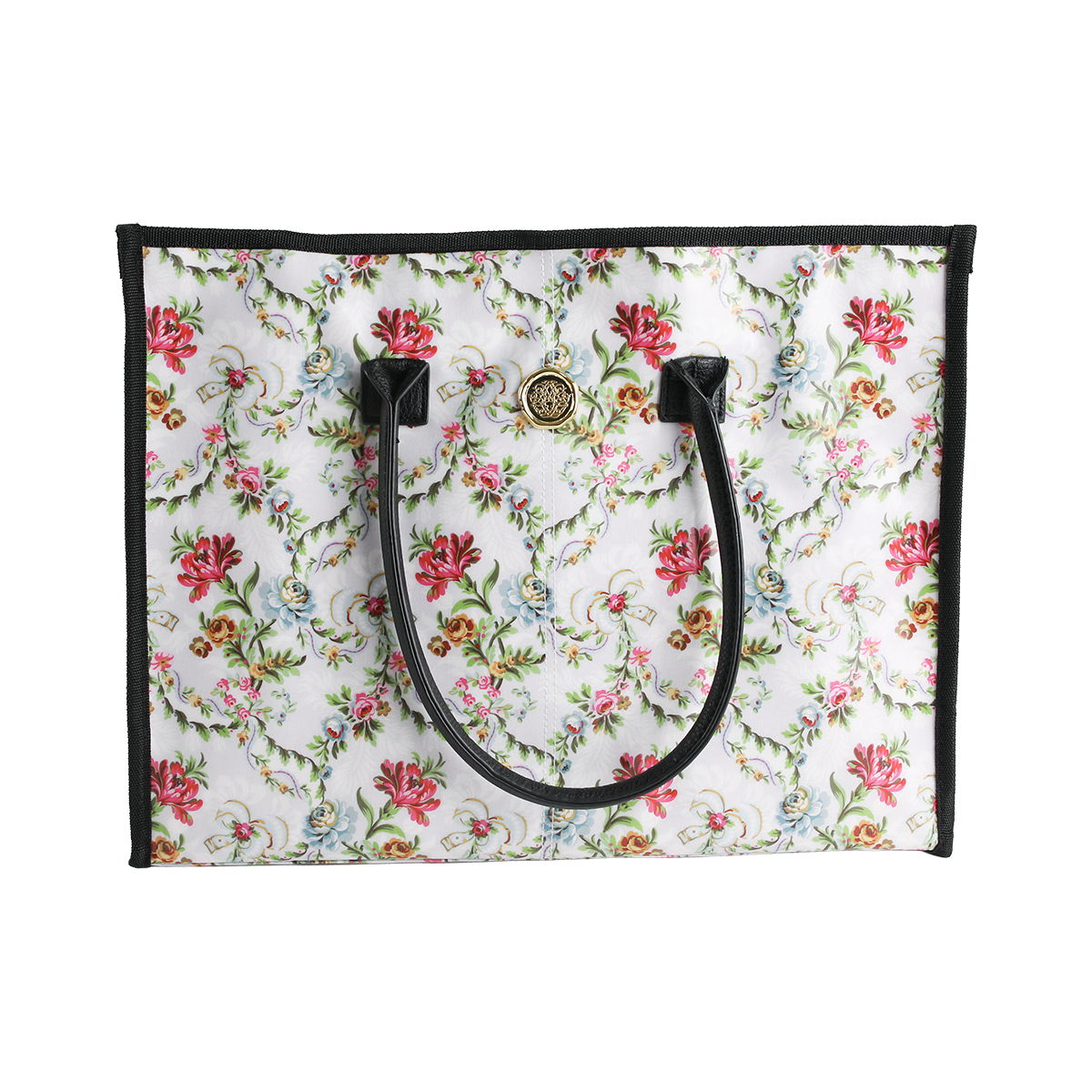 Introducing the Phoebe Tote Bag—a standout large tote for women featuring a vibrant, colorful floral pattern. Designed with black handles, sleek black trim, and a gold circular emblem near the top center, this stylish everyday shoulder bag effortlessly combines function and flair.