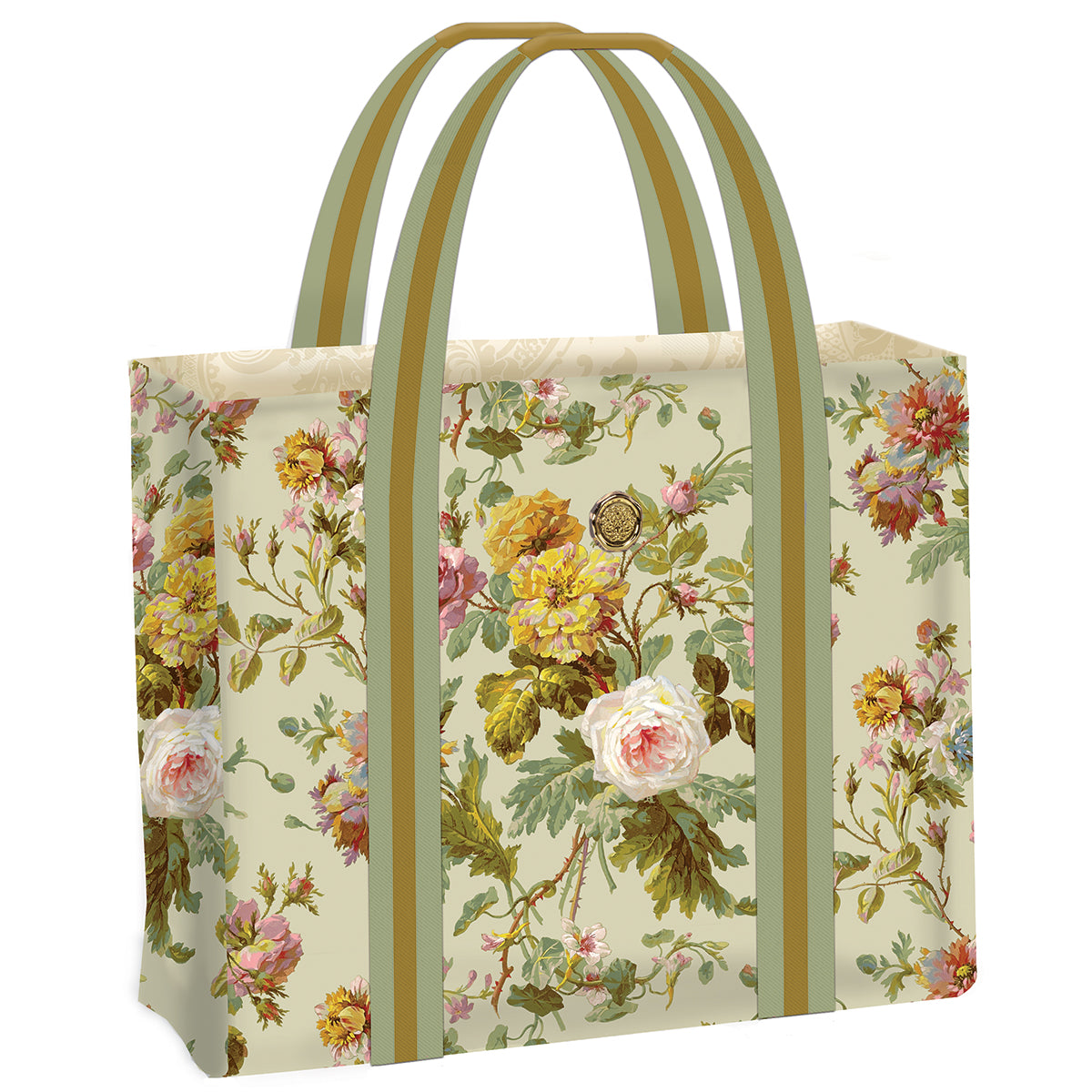 The Francesca Tote Bag is a floral-patterned tote with green and yellow tones, featuring multiple handles.