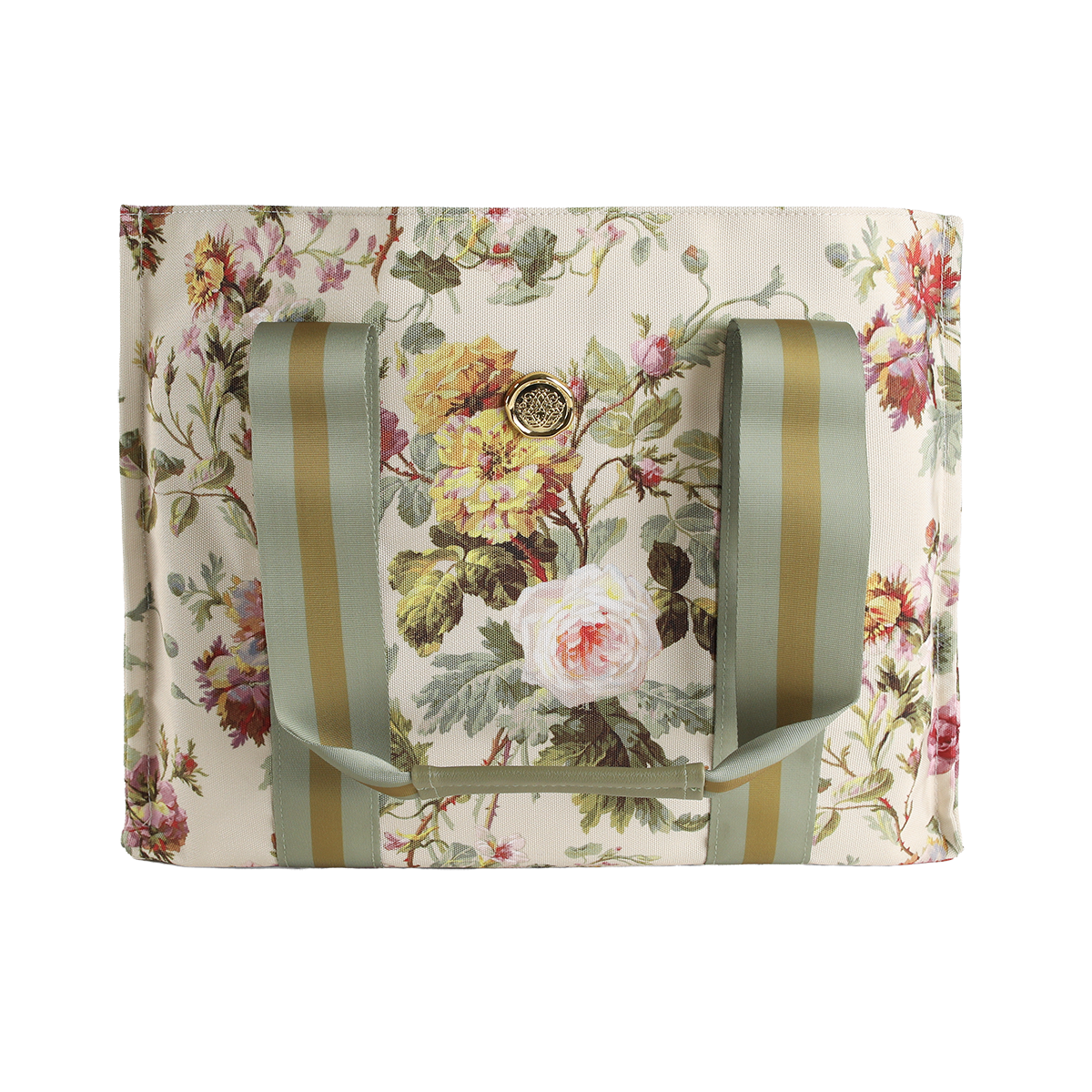 Introducing the Francesca Tote Bag: a spacious canvas tote featuring green striped handles and a beautiful floral print of roses and leaves on a light background—ideal as a floral market bag and a thoughtful gift for women.