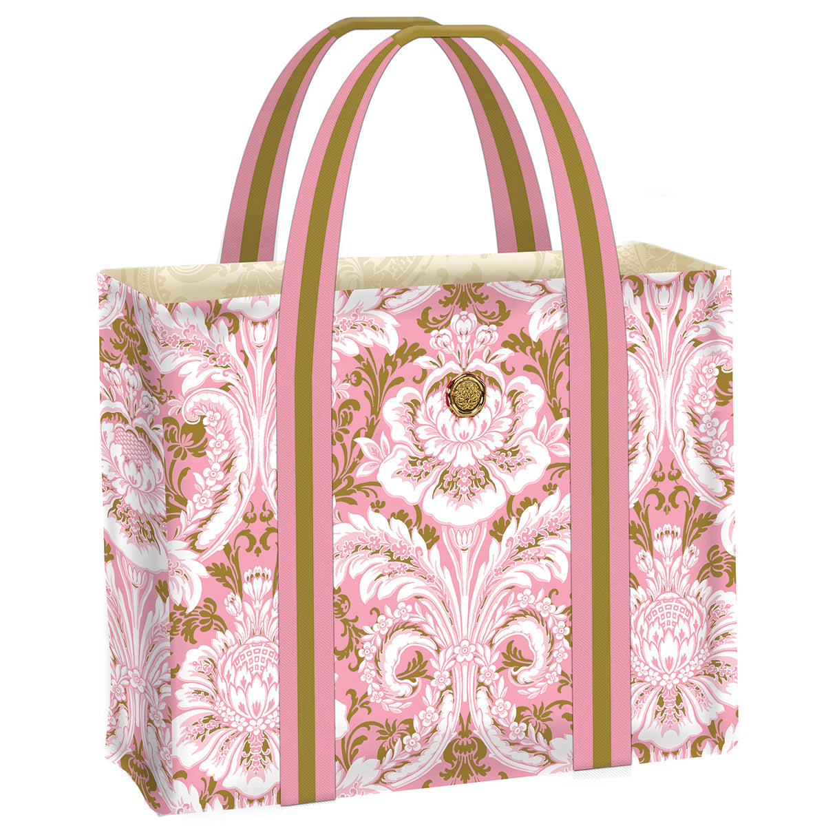 The Pink Damask Tote Bag features ornate floral patterns in pink and beige, pink handles, and a small circular emblem at the center.