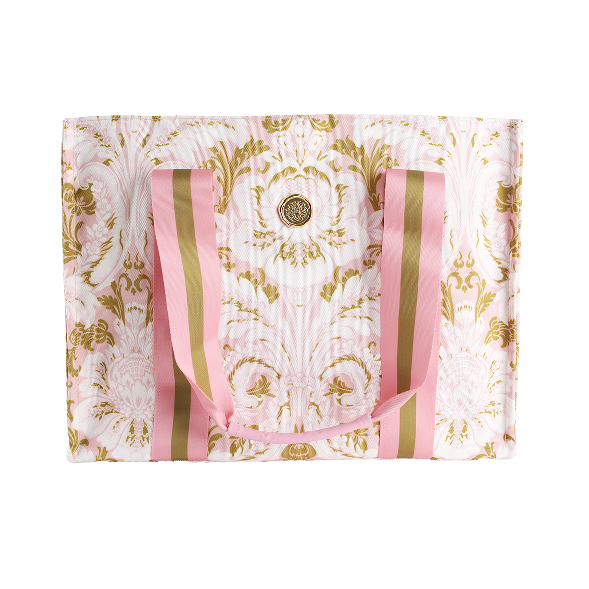 Introducing the Pink Damask Tote Bag: an elegant large canvas tote adorned with a pink and gold baroque floral pattern. This stylish bag features pink and gold striped handles and is accented by a circular gold emblem at its center, making it the perfect choice for a floral market trip or elevating your everyday look with a touch of luxury.