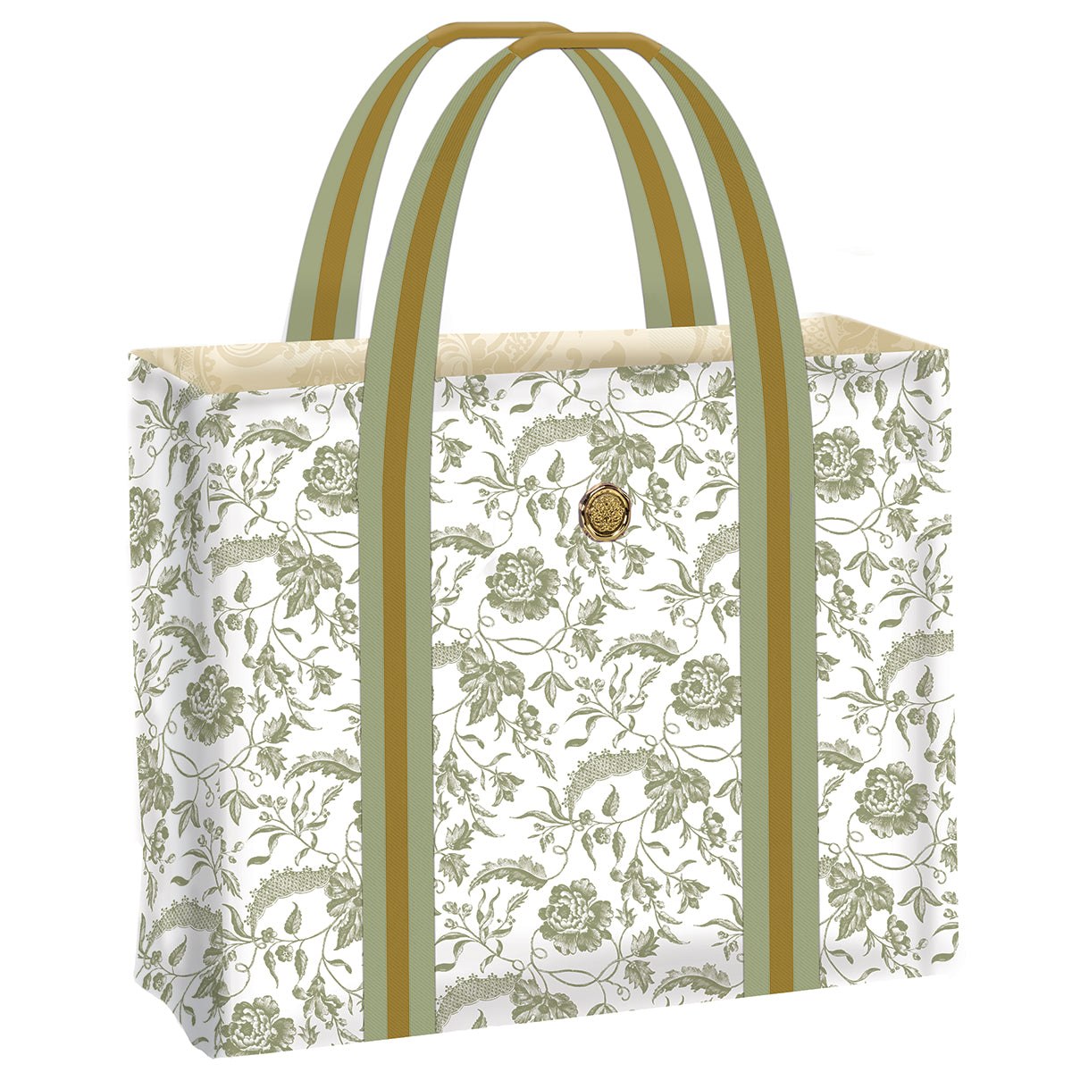 Green Climbing Rose Tote Bag featuring floral patterns with olive green handles and trim.