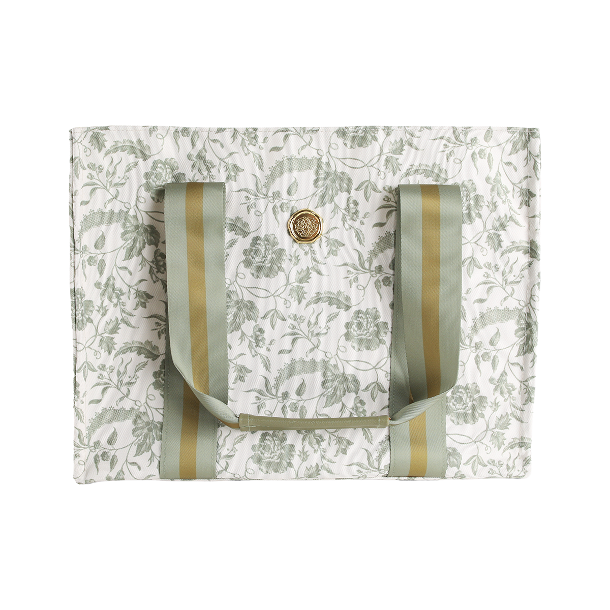 Green Climbing Rose Tote Bag—white canvas market bag featuring a green climbing rose floral pattern, gold and green striped handles, and a round gold button closure at the center; a charming floral tote perfect as a botanical gift for women.