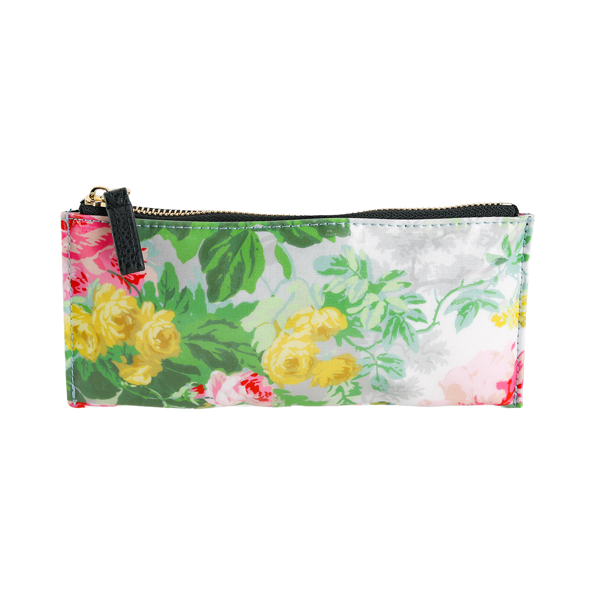 Virginia Pencil Case: A rectangular zippered pouch featuring a charming floral pattern in green, yellow, pink, and red on a white background. This cute pencil bag is designed with a black zipper accented by a gold pull.