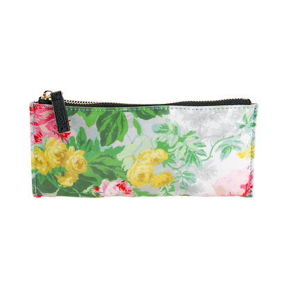 Virginia Pencil Case: A rectangular zippered pouch featuring a charming floral pattern in green, yellow, pink, and red on a white background. This cute pencil bag is designed with a black zipper accented by a gold pull.