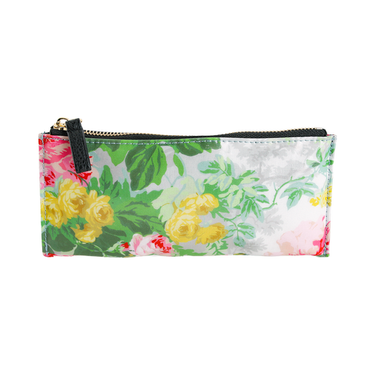 Virginia Pencil Case: A rectangular zippered pouch featuring a charming floral pattern in green, yellow, pink, and red on a white background. This cute pencil bag is designed with a black zipper accented by a gold pull.
