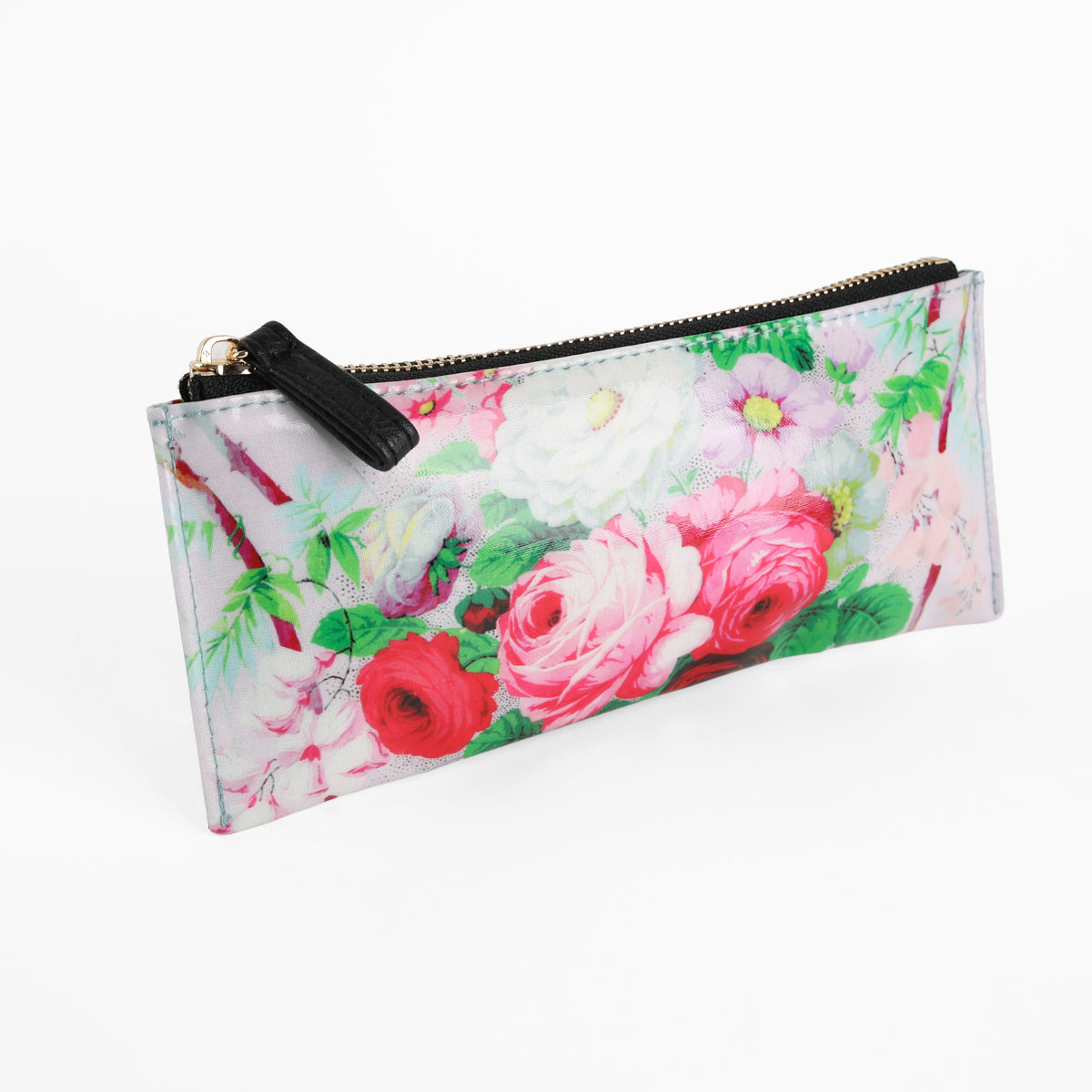 Certainly! Here’s the revised sentence using your product data: The Lillian Pencil Case is a rectangular zippered pouch with a black pull tab, showcasing a vibrant floral design in shades of pink, white, and green on a light background.