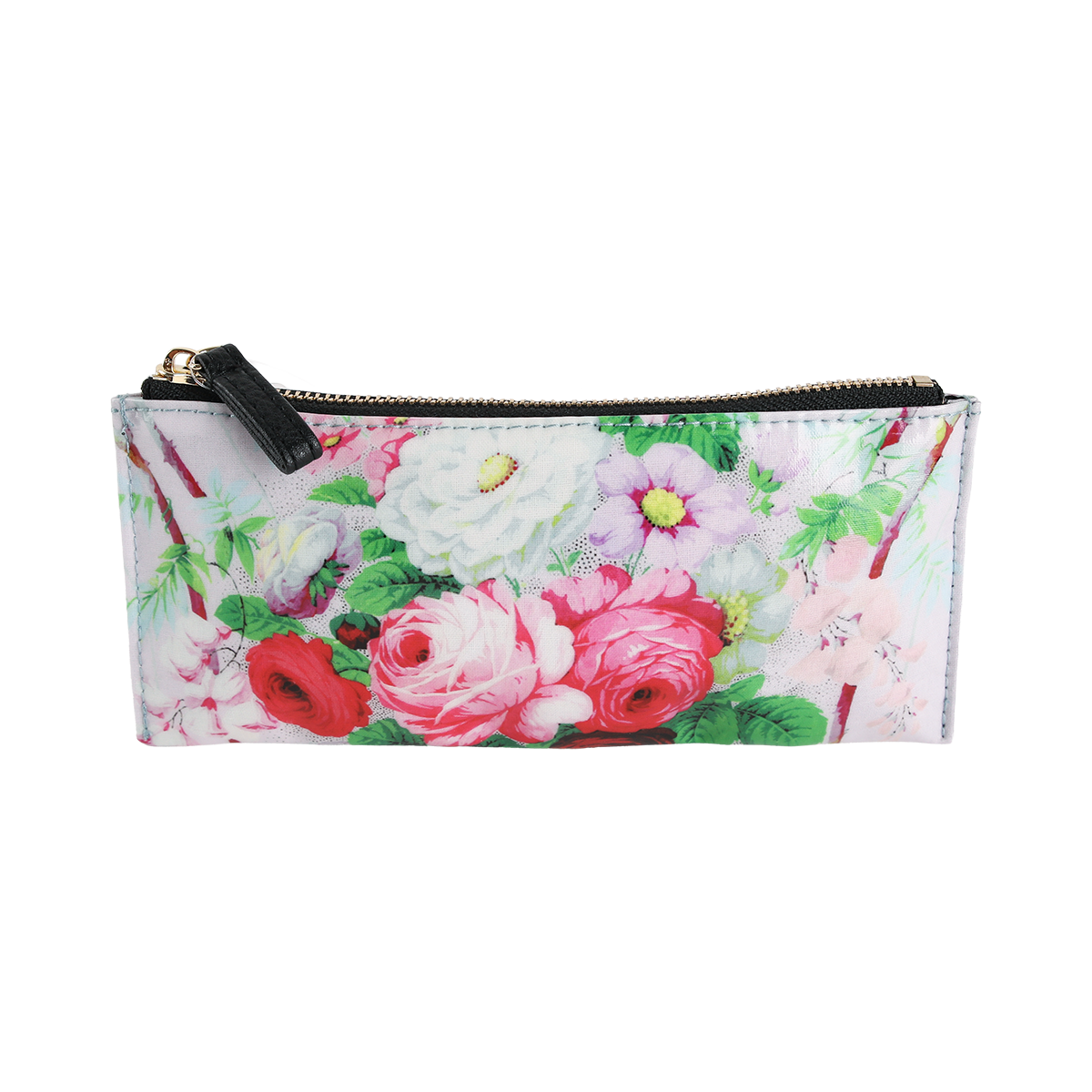 Introducing the Lillian Pencil Case—a rectangular zippered pouch adorned with a charming floral print in shades of pink, red, and white on a crisp white background. Perfect for use as a floral pencil case or makeup brush bag.