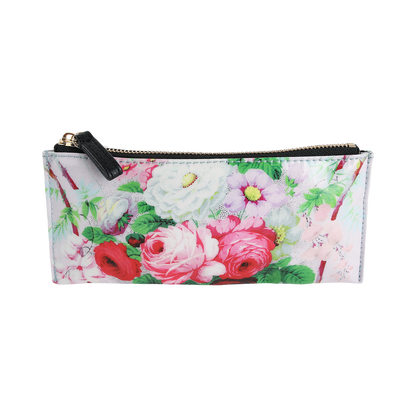 Introducing the Lillian Pencil Case—a rectangular zippered pouch adorned with a charming floral print in shades of pink, red, and white on a crisp white background. Perfect for use as a floral pencil case or makeup brush bag.