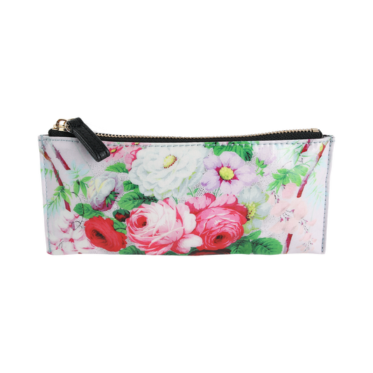Introducing the Lillian Pencil Case—a rectangular zippered pouch adorned with a charming floral print in shades of pink, red, and white on a crisp white background. Perfect for use as a floral pencil case or makeup brush bag.