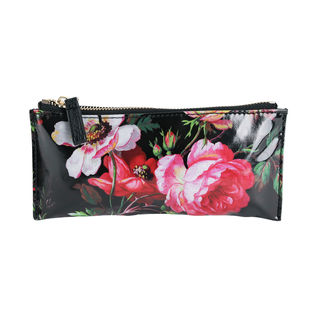 The Noire Pencil Case is a rectangular black zippered pencil pouch with a glossy finish, showcasing a vibrant pink floral pattern on the front. Crafted from laminated cotton for enhanced durability and easy cleaning, this stylish desk accessory adds flair to your workspace.