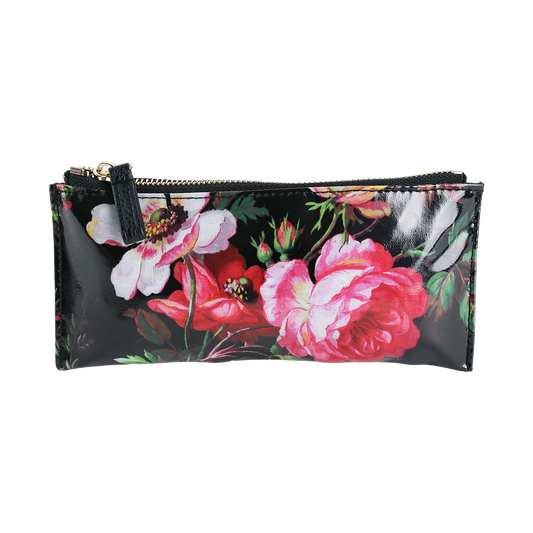 The Noire Pencil Case is a rectangular black zippered pencil pouch with a glossy finish, showcasing a vibrant pink floral pattern on the front. Crafted from laminated cotton for enhanced durability and easy cleaning, this stylish desk accessory adds flair to your workspace.