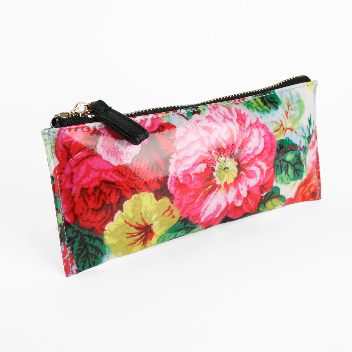 The Annalise Pencil Case is a rectangular zippered pouch crafted from laminated cotton, showcasing a glossy finish and a vibrant floral print in red, pink, yellow, and green on a crisp white background—an ideal accessory for keeping your essentials organized.