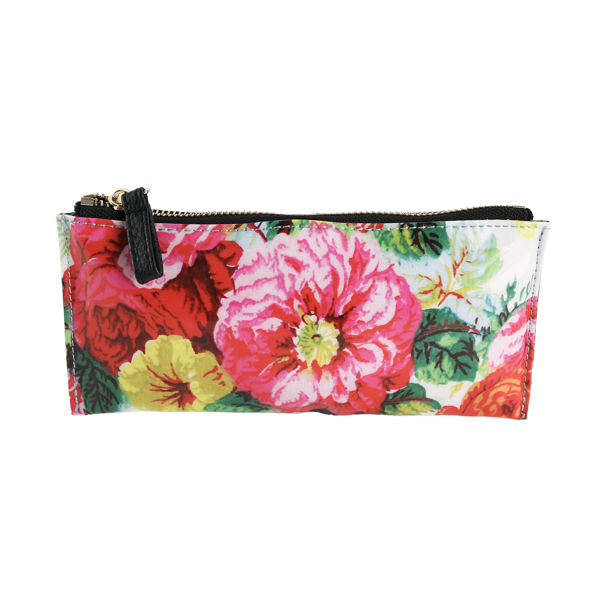 The Annalise Pencil Case is a rectangular zippered pouch adorned with a vibrant floral pattern showcasing large pink, red, and yellow flowers on a crisp white background. Ideal for organizing your essentials, this stylish pencil case also makes a thoughtful gift for women who love fashionable accessories.