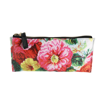 The Annalise Pencil Case is a rectangular zippered pouch adorned with a vibrant floral pattern showcasing large pink, red, and yellow flowers on a crisp white background. Ideal for organizing your essentials, this stylish pencil case also makes a thoughtful gift for women who love fashionable accessories.
