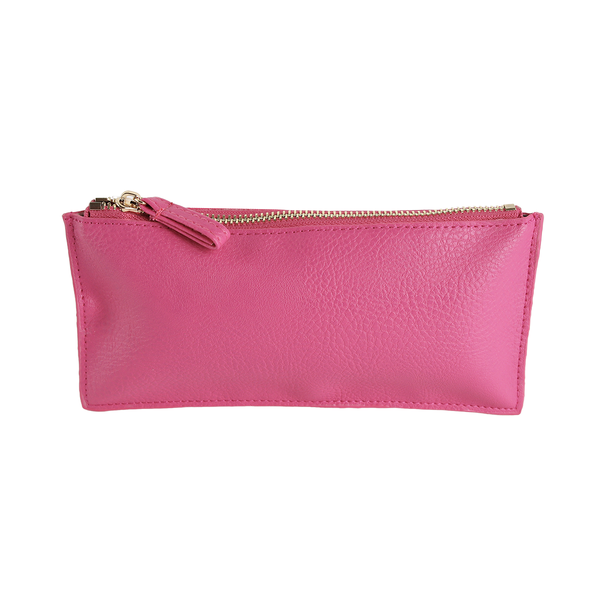 The Raspberry Pink Pencil Case is a small leather zippered pouch, featuring a gold zipper and photographed against a plain white background—this elegant accessory is both stylish and practical for storing your essentials.