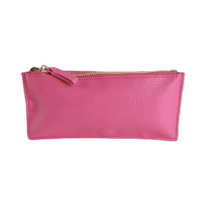 The Raspberry Pink Pencil Case is a small leather zippered pouch, featuring a gold zipper and photographed against a plain white background—this elegant accessory is both stylish and practical for storing your essentials.