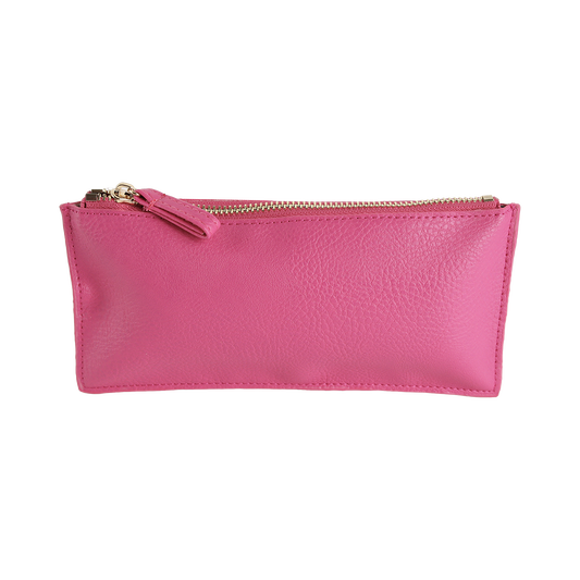 The Raspberry Pink Pencil Case is a small leather zippered pouch, featuring a gold zipper and photographed against a plain white background—this elegant accessory is both stylish and practical for storing your essentials.