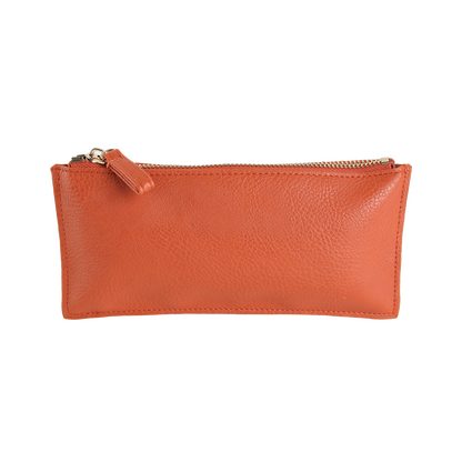 The Tangerine Orange Pencil Case, a rectangular faux leather pouch with a zipper, is displayed against a plain white background.