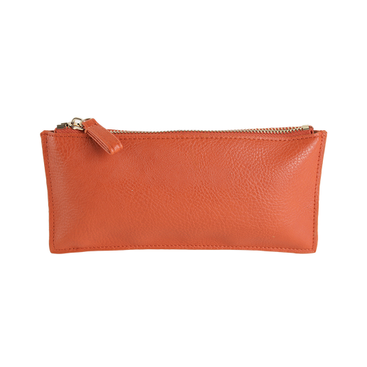 The Tangerine Orange Pencil Case, a rectangular faux leather pouch with a zipper, is displayed against a plain white background.