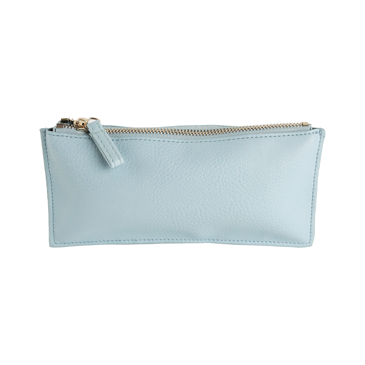 Beach Glass Blue Pencil Case—light blue, rectangular zipper pouch crafted from faux leather and finished with a gold zipper and matching pull tab—photographed against a plain white background; an ideal choice for artists.