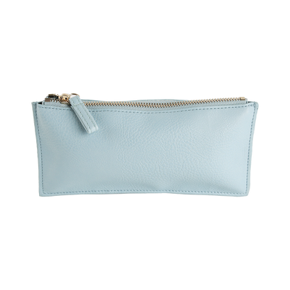 Beach Glass Blue Pencil Case—light blue, rectangular zipper pouch crafted from faux leather and finished with a gold zipper and matching pull tab—photographed against a plain white background; an ideal choice for artists.