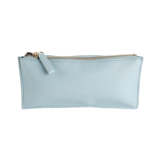 Beach Glass Blue Pencil Case—light blue, rectangular zipper pouch crafted from faux leather and finished with a gold zipper and matching pull tab—photographed against a plain white background; an ideal choice for artists.