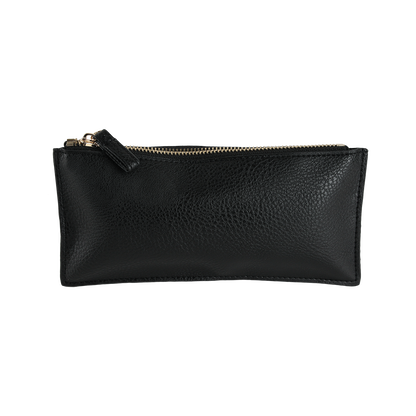 The Onyx Black Pencil Case is shown against a plain white background, featuring a sleek zippered design in stylish faux leather—perfect as a pencil pouch for women.
