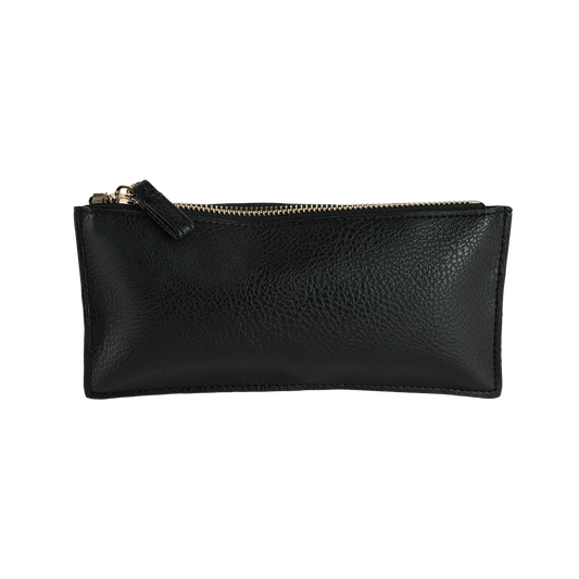 The Onyx Black Pencil Case is shown against a plain white background, featuring a sleek zippered design in stylish faux leather—perfect as a pencil pouch for women.