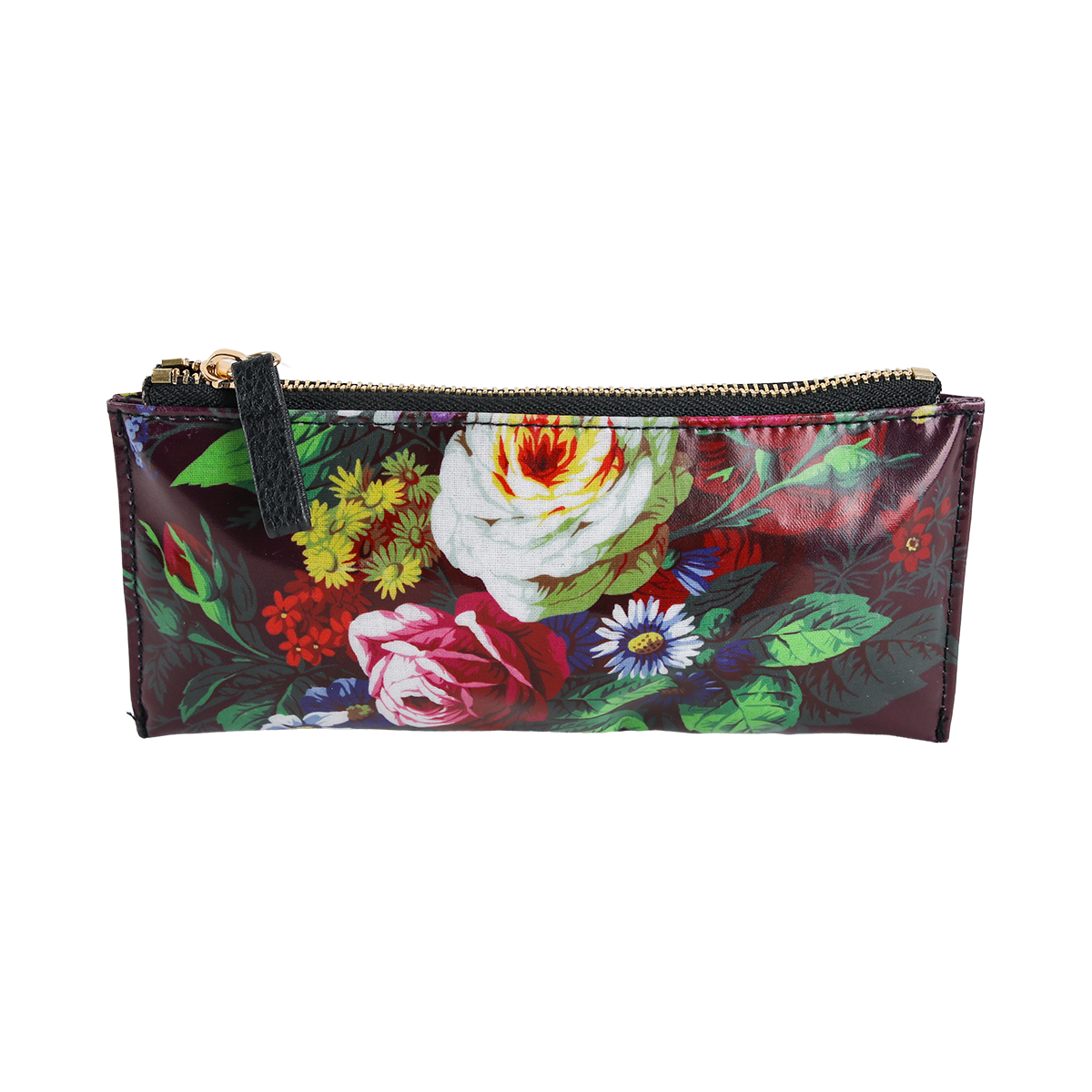 The Astrid Pencil Case is a rectangular zippered pouch with a vibrant botanical print featuring roses, daisies, and green leaves on a dark background—perfect as a floral pencil case or stylish organizer.