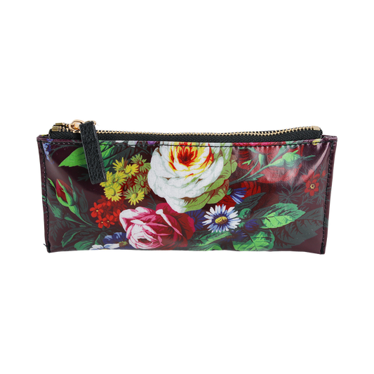 The Astrid Pencil Case is a rectangular zippered pouch with a vibrant botanical print featuring roses, daisies, and green leaves on a dark background—perfect as a floral pencil case or stylish organizer.