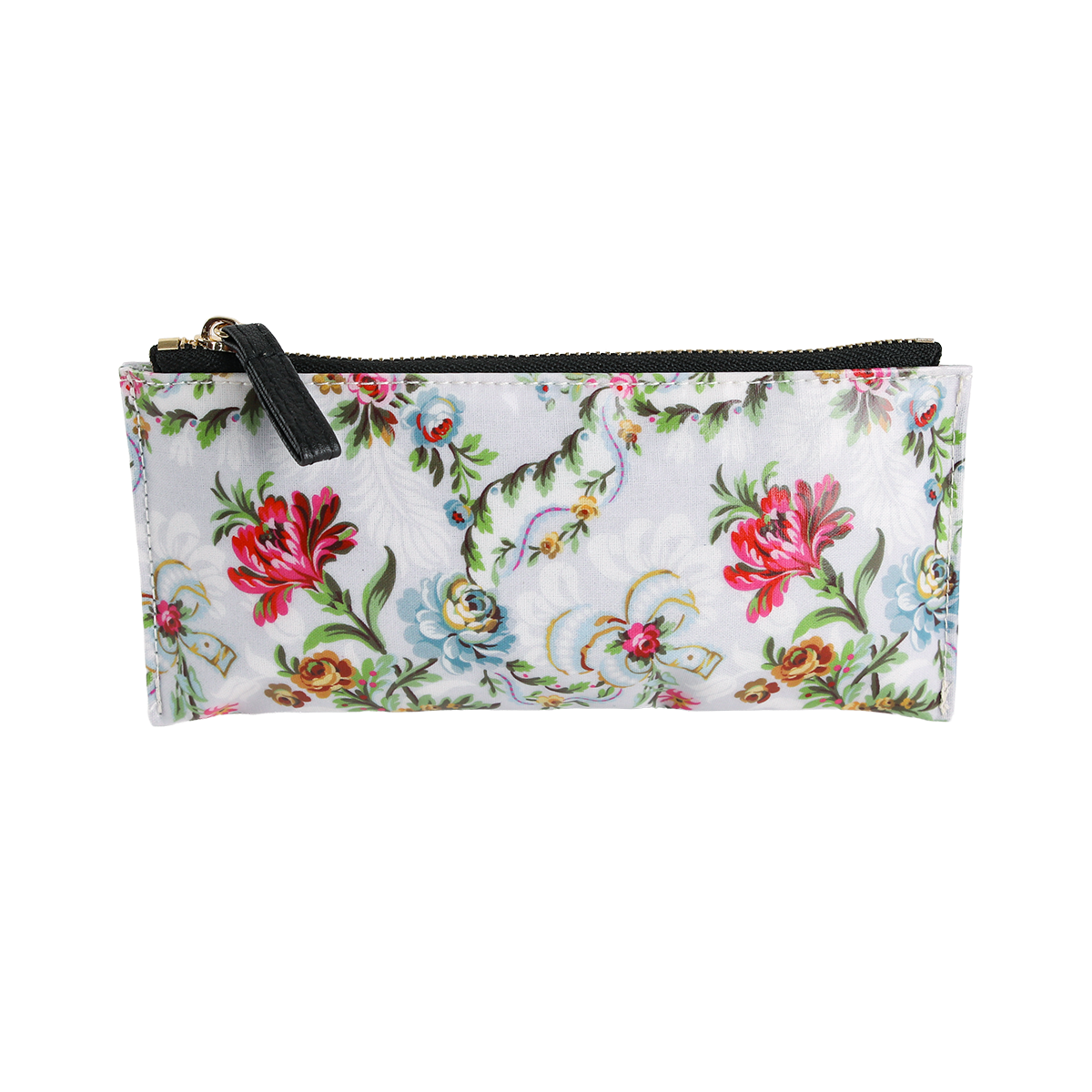 Phoebe Pencil Case: A rectangular zippered pouch made from laminated cotton, featuring a vibrant floral pattern in red, blue, and green on a white background.