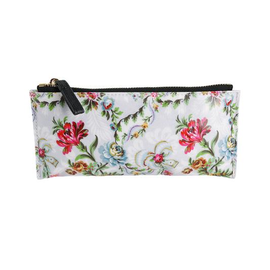 Phoebe Pencil Case: A rectangular zippered pouch made from laminated cotton, featuring a vibrant floral pattern in red, blue, and green on a white background.