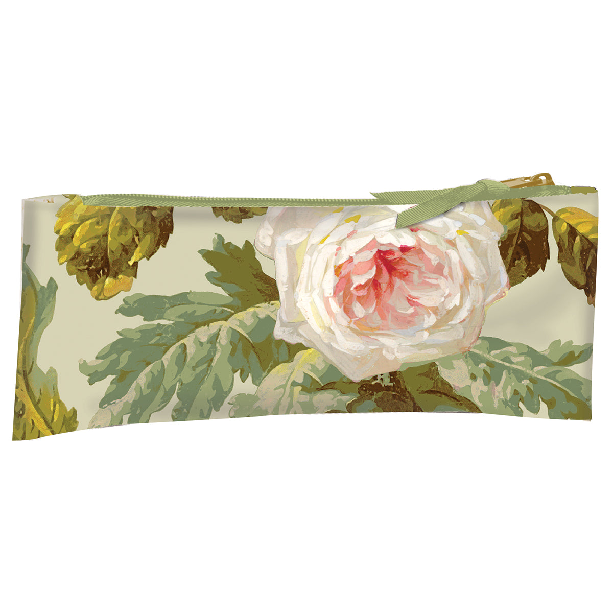 The Francesca Pencil Case is a durable cotton rectangular case with a zipper, featuring a white and pink rose design with green leaves and a bow near the zipper.