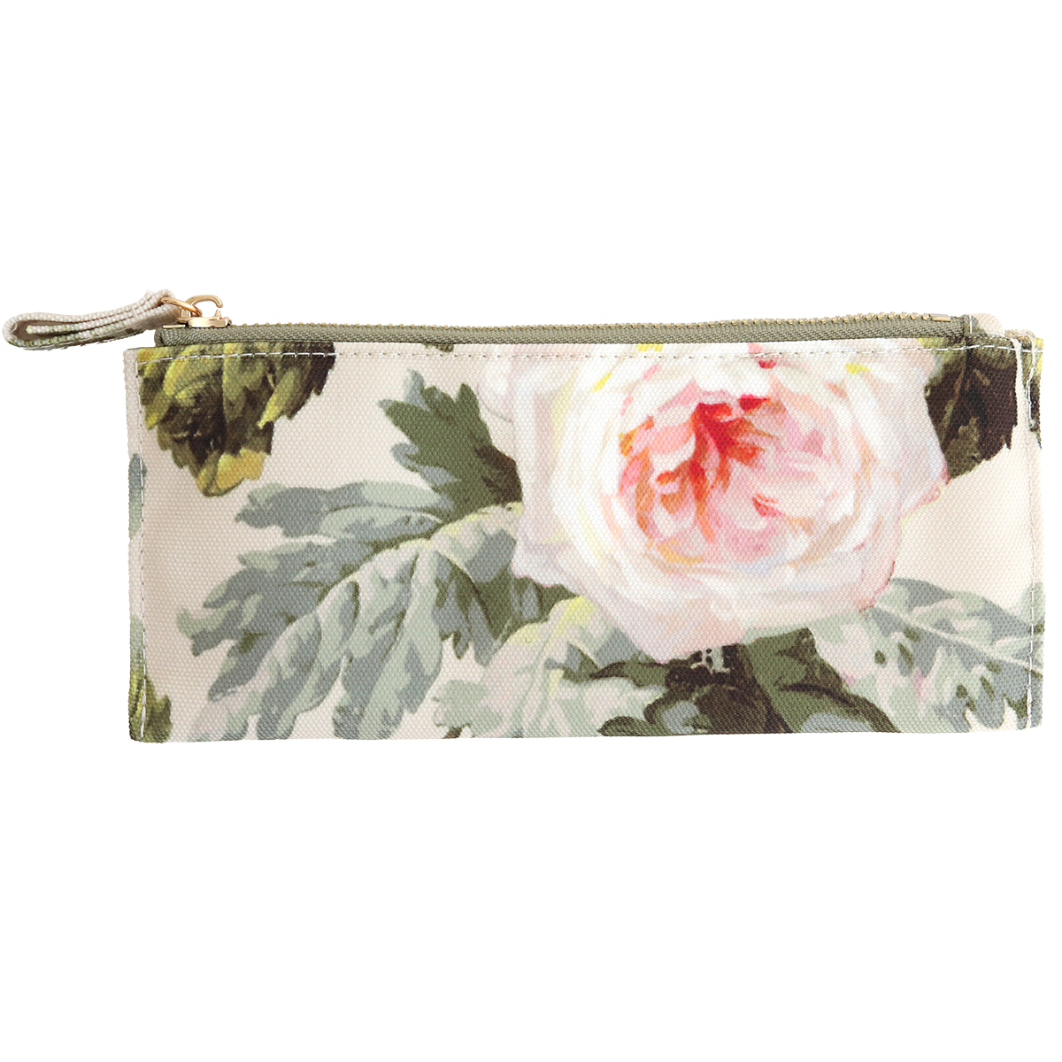 The Francesca Pencil Case is a rectangular zippered pouch with a floral pattern, featuring a large pink and white flower with green leaves on light cotton fabric.