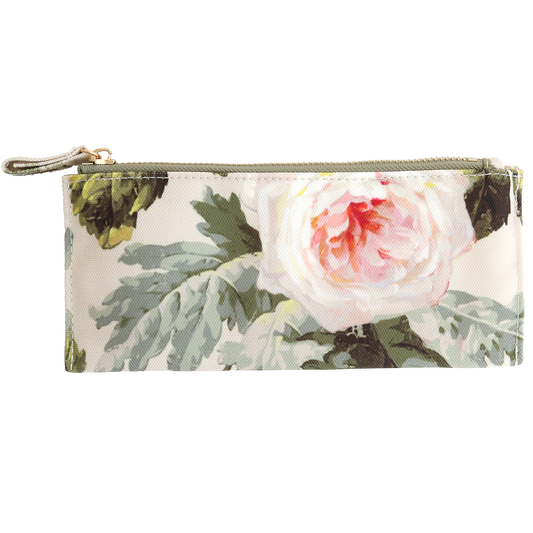 The Francesca Pencil Case is a rectangular zippered pouch with a floral pattern, featuring a large pink and white flower with green leaves on light cotton fabric.